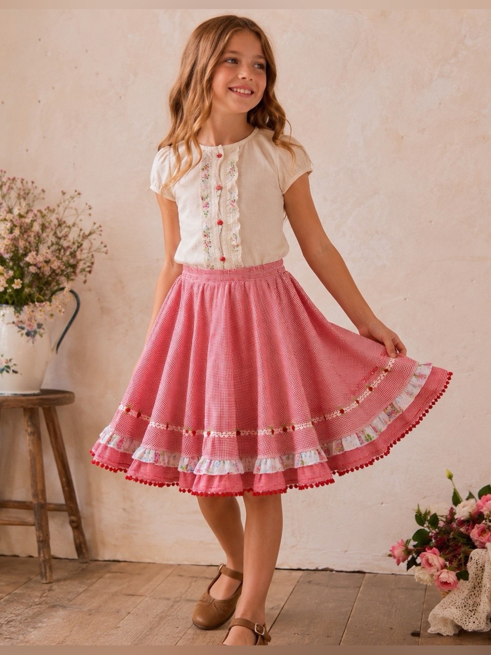 Oilily Girls Tiba Full Circle Skirt Sz 140 Red Gingham Floral Trim Cottagecore